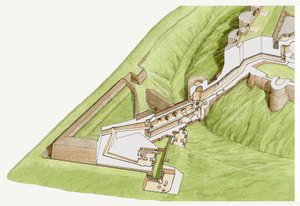Ostroga, zamek Dover, Kent, ok. 1800-2023 (tusz i akwarela) autorstwa Stephen Conlin