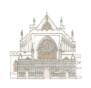 Zachodni front katedry w Exeter, Devon (rysunek z 2002 r.), ok. 1900-2023 (tusz i akwarela) autorstwa Stephen Conlin