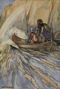 „Zabierz nas szybko, Łódko Mananana, do Ogrodu Hesperydów, ilustracja z „Wielkich czynów Finna i innych bardyjskich romansów starożytnej Irlandii” autorstwa T.W. Rolleston (kolor lito) autorstwa Stephen Reid