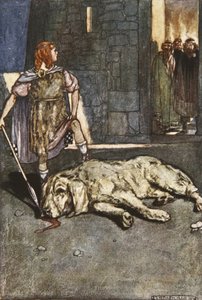Cuchalain zabija psa z Culain, ilustracja z „Cuchulain, pies z Ulsteru”, autorstwa Eleanor Hull (1860-1935)