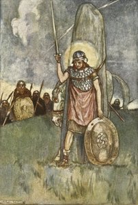 Cuchulain w końcu umiera, ilustracja z „Cuchulain, The Hound of Ulster” Eleanor Hull (1860-1935) autorstwa Stephen Reid