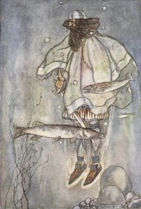 Fergus schodzi do jeziora, ilustracja z „The High Deeds of Finn and other Bardic Romances of Ancient Ireland” T.W. Rolleston (kolor lito) autorstwa Stephen Reid