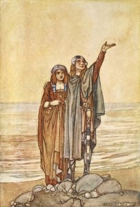 „Follow me now to the Hill of Allen”, ilustracja z „The High Deeds of Finn and other Bardic Romances of Ancient Ireland” T.W. Rolleston (kolor lito) autorstwa Stephen Reid