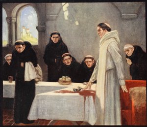 Święty Benedykt i mnisi, ilustracja z „Helmet & Cowl: Stories of Monastic and Military Orders” W.M. Letts i MFS Lets autorstwa Stephen Reid