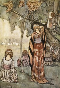Zrobili obozowisko i łabędzie śpiewały im, ilustracja z „Wielkich czynów Finna i innych romansów bardyjskich starożytnej Irlandii” T.W. Rolleston (kolor lito) autorstwa Stephen Reid