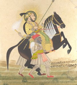 Maharana Sangram Singh Dosiadający Ogiera Nagrody, ca. 1712. autorstwa Stipple Master