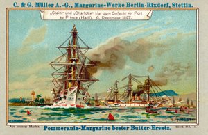 Niemieckie okręty wojenne Stein i Charlotte w Port au Prince Harbour na Haiti podczas afery Luders, 6 grudnia 1897 (chromolitho)