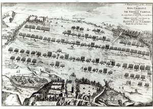 Przygotowania do bitwy pod Naseby, stoczonej 14 czerwca 1645 r. opublikowanej w „Historii i starożytności Naseby” Johna Mastina, 1792 r. autorstwa Streeter