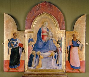 Dziewica z Dzieciątkiem z Aniołami i św. Dominikanem, św. Piotr po lewej, św. Paweł po prawej, XV w. autorstwa Studio of Fra Angelico