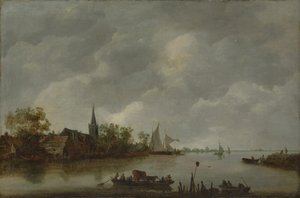Widok na rzekę z wiejskim kościołem. autorstwa Style of Jan van Goyen