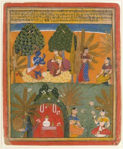 Krishna i Radha ze swoimi powiernikami: Strona z rozproszonej Gita Govinda, ca. 1655-60. autorstwa Style of Manohar