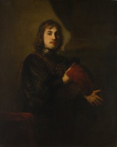 Portret mężczyzny z napierśnikiem i kapeluszem z pióropuszem.