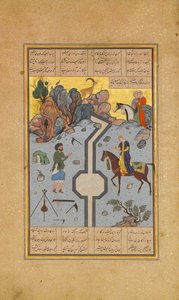 Farhad rzeźbi kanał mleczny dla Shirin, Folio 74 z Kwintetu Khamsa..., AH 931A.D. 1524-25. Twórcy: Sultan Muhammad Nur, Mahmud Muzahhib, Shaikh Zada. autorstwa Sultan Muhammad Nur, Mahmud Muzahhib, Shaikh Zada