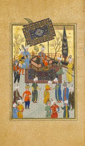 Khusrau siedzący na tronie, Folio 64 z Kwintetu Khamsa z Nizami, AH 931 AD. 1524-25. Twórcy: Sultan Muhammad Nur, Mahmud Muzahhib, Shaikh Zada. autorstwa Sultan Muhammad Nur, Mahmud Muzahhib, Shaikh Zada
