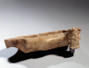 Sztuka Mezopotamii: Lampa ozdobiona bykiem androcefal (w albatre) Okres sumeryjski (około 2400 pne). Paryż, Musee du Louvre autorstwa Sumerian Mesopotamian School