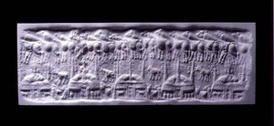 Odcisk pieczęci rękojeści cylindrycznej, Uruk (obecnie Warka, Irak), ok. 3300-3000 pne (tynk)