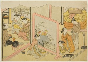 Filiżanka Sake przed snem (Toko sakazuki), szósty arkusz serii „Małżeństwo w rycinach brokatowych, powóz cnotliwej kobiety (Konrei nishiki misao-guruma)” autorstwa Suzuki Harunobu