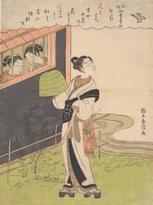 Mnich grający na flecie Komuso, Czwarty miesiąc Uzuki, z cyklu Fashionable P..., ca. 1768. autorstwa Suzuki Harunobu