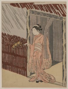 Dziewczyna ubierająca się na różowo, 1766. autorstwa Suzuki Harunobu