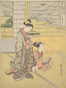 Młody mężczyzna i kobieta z Shamisenem, mnich Saigyo, z cyklu nawiązującego do Tr..., ca. 1768. autorstwa Suzuki Harunobu