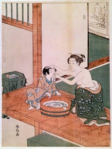 Naga matka myjąca swoje dziecko w Japonii w pobliżu basenu wypełnionego wodą. Ryciny Haronobu Suzuki (1725-1770). 1766-1768. Ciemny. 0,27x0,201 m. Paryż, Muzeum Guimet, Narodowe Muzeum Sztuki Azjatyckiej