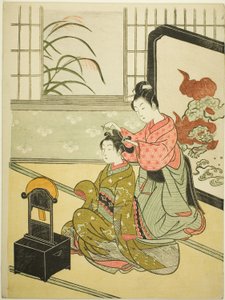 Jesienny księżyc w lustrze (Kyodai no shugetsu), z serii „Osiem widoków salonu (Zashiki hakkei)” autorstwa Suzuki Harunobu