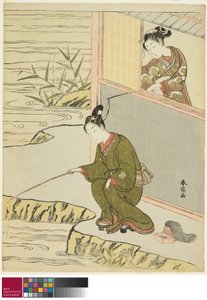 Piękno drażni młodego mężczyznę łowiącego ryby, c. 1768 autorstwa Suzuki Harunobu