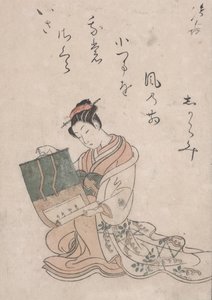 Beauty Unrolling Scroll, ok. 1770 (kolorowy drzeworyt na japońskim papierze) autorstwa Suzuki Harunobu