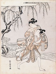 Para nad brzegiem rzeki, Suzuki Harunobu (1725-1770), tusz i kolory, Japonia, cywilizacja japońska, okres Edo autorstwa Suzuki Harunobu