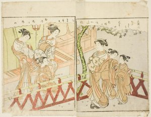 Dwustronicowa ilustracja z tom. 2 z „Picture Book of Spring Brocades (Ehon haru no nishiki)” autorstwa Suzuki Harunobu