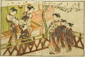 Dwustronicowa ilustracja z tom. 2 z „Picture Book of Spring Brocades (Ehon haru no nishiki)” autorstwa Suzuki Harunobu