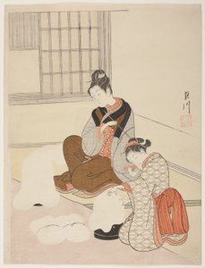 Wieczorny śnieg na maszynce do nici (Nurioke no bosetsu), z serii „Osiem widoków salonu (Zashiki hakkei)” autorstwa Suzuki Harunobu