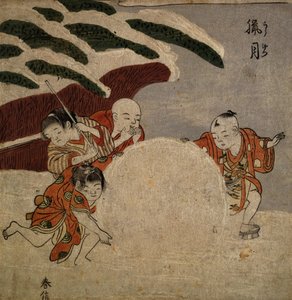 Czterech chłopców lepiących śnieżkę, ok. 1768 (kolorowy drzeworyt) autorstwa Suzuki Harunobu