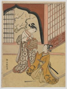 Kochankowie z klatką dla ptaków, epoka Edo, ok. 1766-67 (kolorowy drzeworyt) autorstwa Suzuki Harunobu