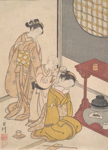 Deszcz nocny na stoisku z dwiema półkami, z cyklu Osiem salonów Zashiki hakk..., ca. 1766. autorstwa Suzuki Harunobu