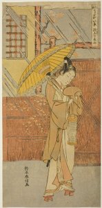 Nocny deszcz Genjo (Genjo no yau), z serii „Parodie ośmiu scen z pieśni Noh (Furyu utai hakkei)” autorstwa Suzuki Harunobu