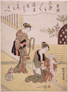 P.312-1941 Matka ubierająca synka w kimono (kolorowy drzeworyt) autorstwa Suzuki Harunobu