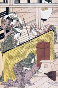 Sługa goniący myszy w domu, grafika ukiyo-e autorstwa Suzuki Harunobu (1725-1770), drzeworyt, cywilizacja japońska, okres Edo autorstwa Suzuki Harunobu