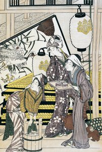 Słudzy w domu, grafika ukiyo-e autorstwa Suzuki Harunobu (1725-1770), drzeworyt, cywilizacja japońska, okres Edo autorstwa Suzuki Harunobu