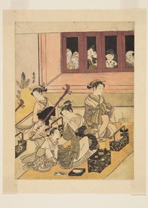 Obserwatorzy i obserwowani (kolorowy drzeworyt) autorstwa Suzuki Harunobu
