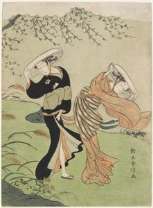 Dwie kobiety w silnym wietrze, c. 1767 autorstwa Suzuki Harunobu