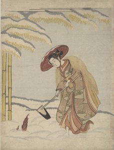 Kobieta kopiąca pędy bambusa w śniegu, czyli parodia Meng Zong Moso, z dwudziestego pierwszego roku, ca. 1765. autorstwa Suzuki Harunobu