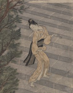 Młoda kobieta wspinająca się po kamiennych schodach do świątyni Shinto (drewnodruk) autorstwa Suzuki Harunobu