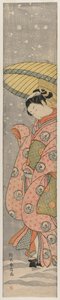 Młoda kobieta stojąca pod parasolem na śniegu, 1767-1768. autorstwa Suzuki Harunobu