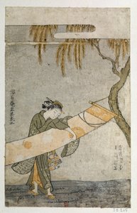 Młoda kobieta pielęgnująca kakemono przywiązuje się do drzewa. Japońska grafika Harunobu Suzuki (1725-1770) autorstwa Suzuki Harunobu