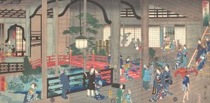 Wnętrze herbaciarni Gankiro w Jokohamie, kwiecień 1861. autorstwa Suzuki Hiroshige