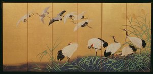 Sześciokrotny parawan przedstawiający trzciny i żurawie, okres Edo, Japonia, XIX w. (kolor na złoconym jedwabiu)