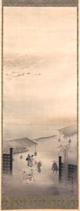 Yoshiwara i Shinagawa, okres Edo (atrament, kolor i złoto na jedwabiu) autorstwa Suzuki Kiitsu