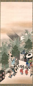 Yoshiwara i Shinagawa, okres Edo (atrament, kolor i złoto na jedwabiu)