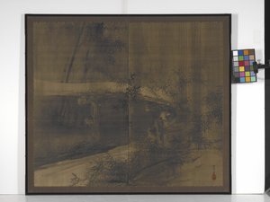 Tanuki Under A Bridge (atrament na jedwabiu z odrobiną pomarańczy, złota i srebra) autorstwa Suzuki Shōnen
